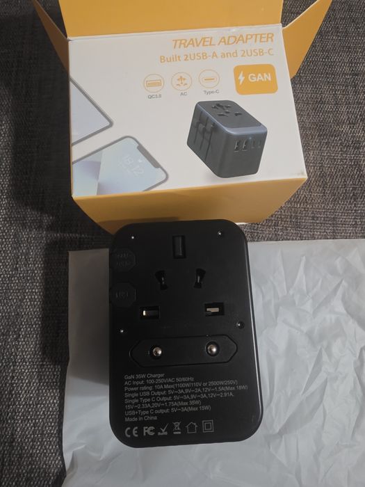 Универсален адаптер за пътуване GaN 35W (Travel Adapter с USB-C и USB-A)