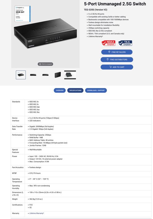 Мрежов суич (комутатор) TRENDnet TEG-S350, Unmanaged Switch 5-Port 2.5 Gbit, 5-Port 2.5GBASE-T в Гаранция