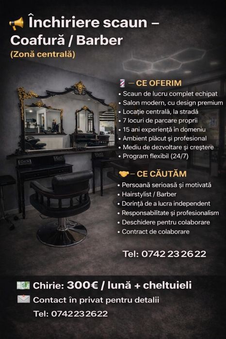 Închiriez post de lucru în salon (coafor-frizerie )