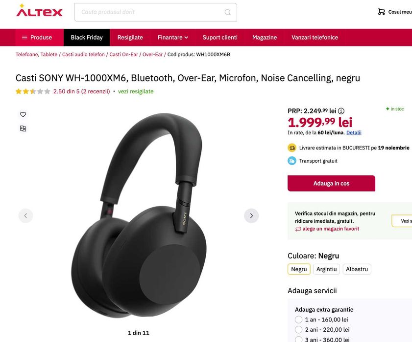 Casti SONY WH-1000XM6, Bluetooth, Over-Ear, Microfon, Noise Cancelling