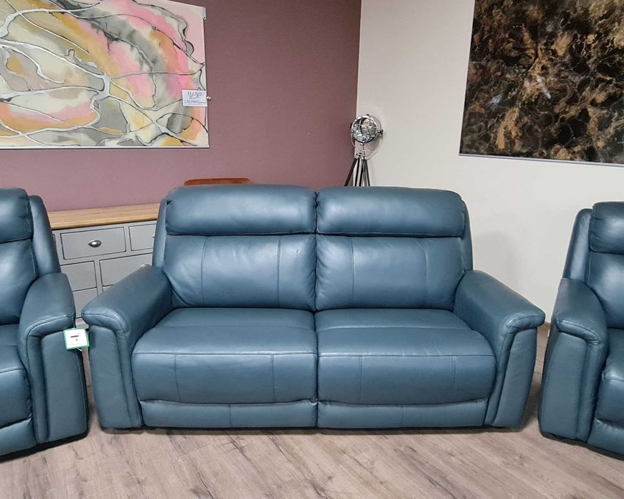 Тюркоазено син кожен комплект - диван тройка и два фотьойла La-z-boy