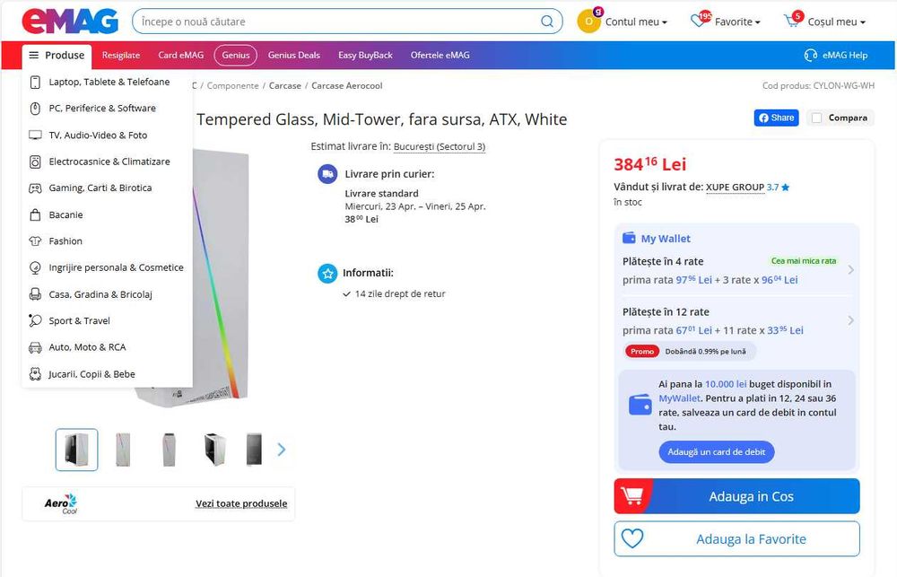 VandCarcasa AeroCool ATX Aerocool Cylon RGB White - USB3.0
fara sursa