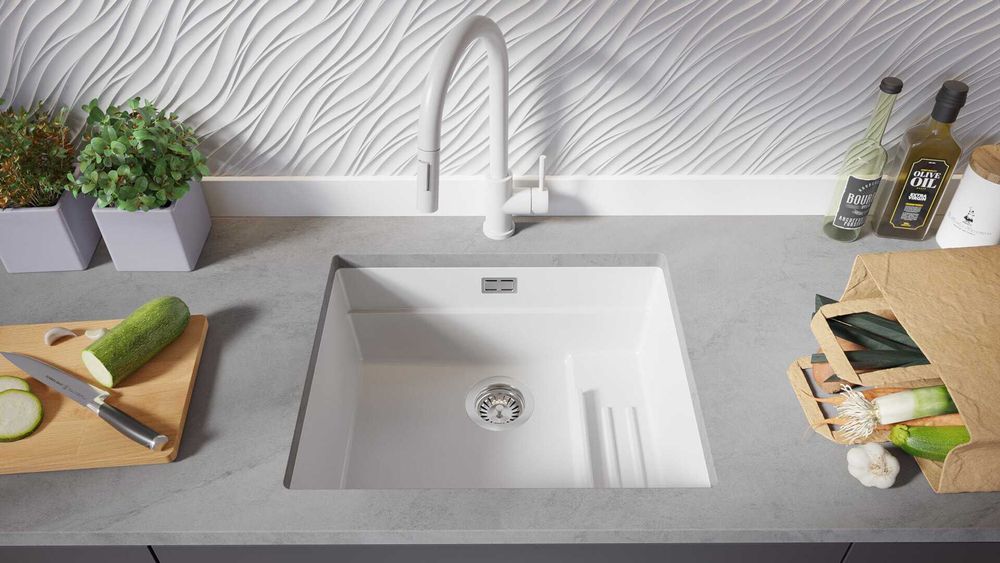 Бял гранитна мивка за вграждане под плот Прага 60 Level 560 x 470 мм