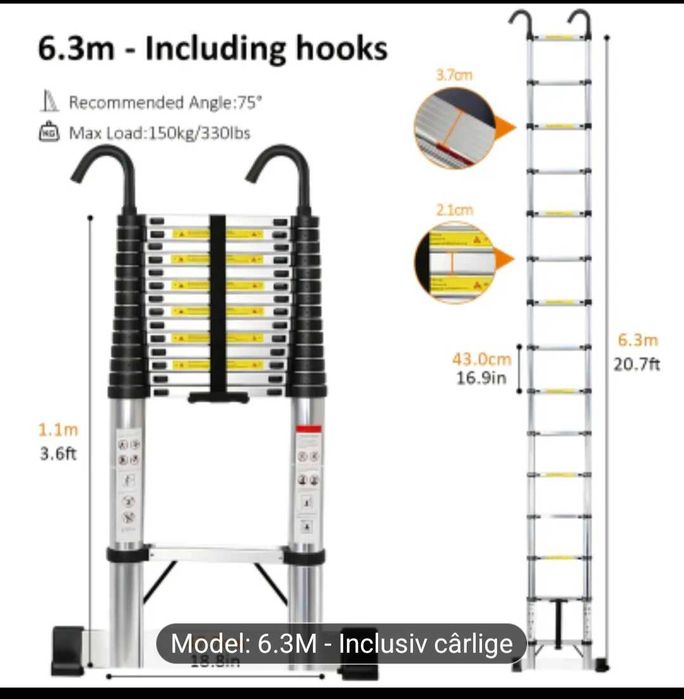 Scară telescopică 6.4m/4.4M, scară din oțel inoxidabil