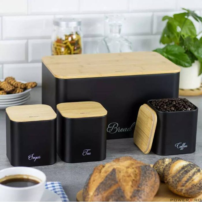Set cutie paine si 3 recipiente pentru bucatarie, oțel-bambus, negru,