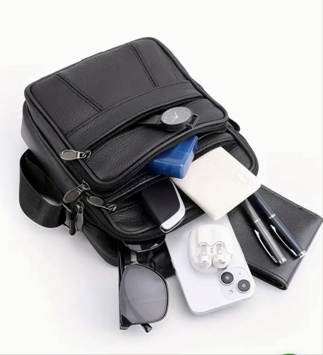 Мъжка универсална кожена чанта/Практична и удобна с черна естест. кожа