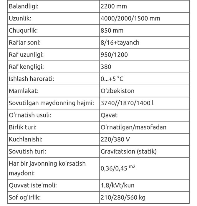 Vitrina xolodilnik magazinlar uchun