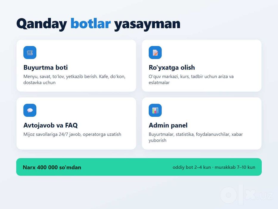 Telegram bot yasash | Buyurtma bot, CRM, avtomatlashtirish | 2-4 kun