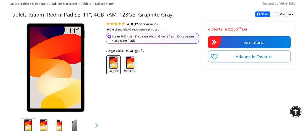 Tableta Redmi Pad SE;  11 inch; 128Gb/4+4Gb/ram, Android 15+ husa si geam protectie ; ca noua