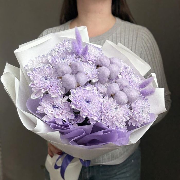 Супер букет кустовая хризантема, хлопок, лагурус.