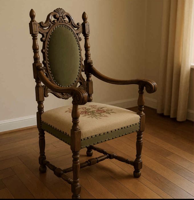 Античен резбован стол с бродерия-уникат от 19-ти век