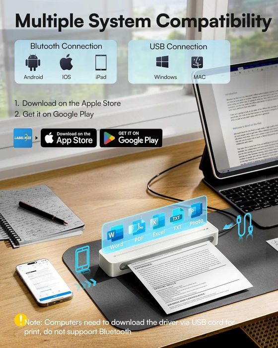 Преносим безжичен принтер D90E, Bluetooth и USB, поддържа термохартия