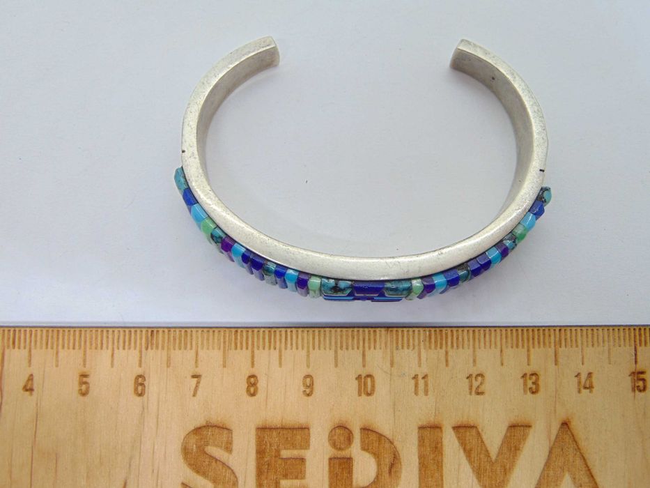 Bratara amerindiana navajo din argint cu inlay turcoaz, lapis lazuli
