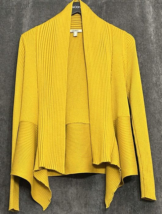 Cardigan Esprit mărimea M – galben muștar, model lung în colțuri din tricot reiat