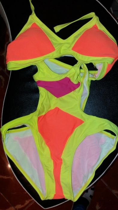 Costum de baie bandage intreg monokini neon