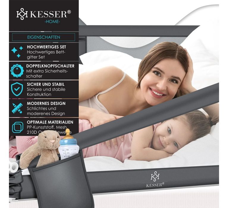 Защитна ограда за детско легло, размери 200 см x 44 см x 72-96 см