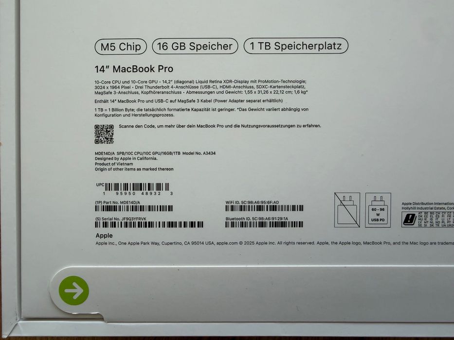 ЧИСТО НОВ MacBook Pro 14" M5 10-CPU, 10-GPU, 16GB RAM, 1TB SSD В ГАРАНЦИЯ ДО 17.06.2030г