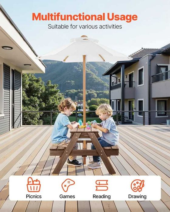 НЕМСКИ Дървен Градински Комплект – Пикник Маса с Пейки + ЛЕД ФЕНЕР