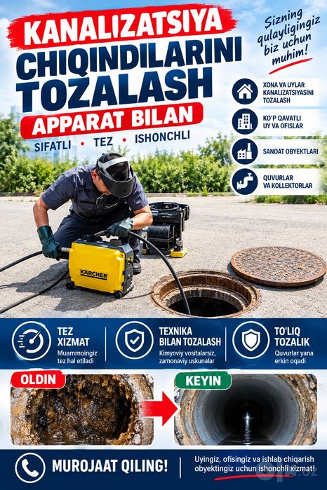 Kanalizatsiya tozalash xizmati Чистка канализация услуги сантехник