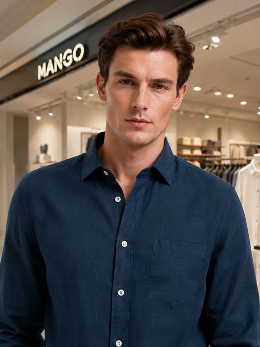 MANGO. Льняная рубашка цвета индиго. XXL