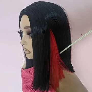 Ефектна боб каре черна червена перука два цвята на път