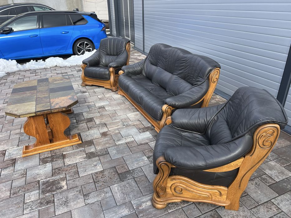 Set canapea canapele 3 - 1 - 1 Lemn Masiv + PIELE Naturala Rustic