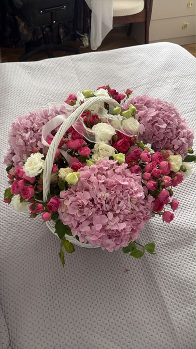 Корзина с гортензиями и кустовыми розами