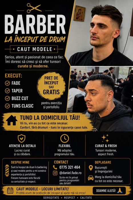 Barber începător | Fade, Taper, Buzz Cut | Modele pentru portofoliu | Deplasare la domiciliu București