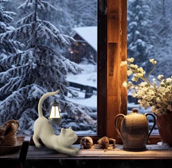 Декоративна статуя Котка със соларно фенерче, градинска фигурка