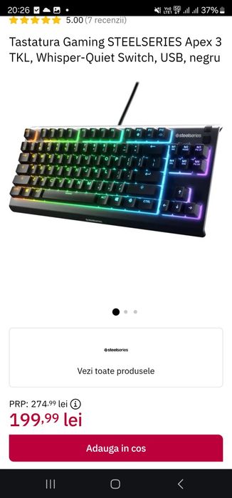 Tastatura Gaming STEELSERIES Apex 3 TKL  Whisper-Quiet Switch, Mouse SteelSeries Aerox 5