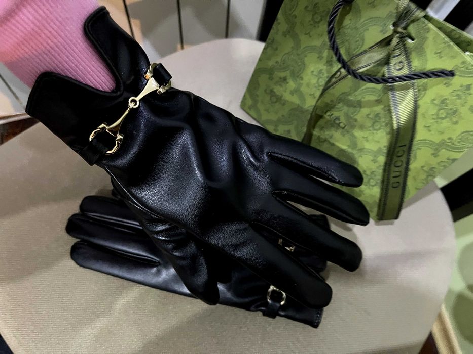 gucci гучи черни кожени зимни дамски ръкавици комплект зимен подарък