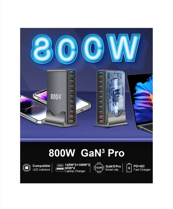 Statie de incarcare 800W GaN III Pro 10 Porturi, 8 USB-C & 2 USB-A, PD 140W