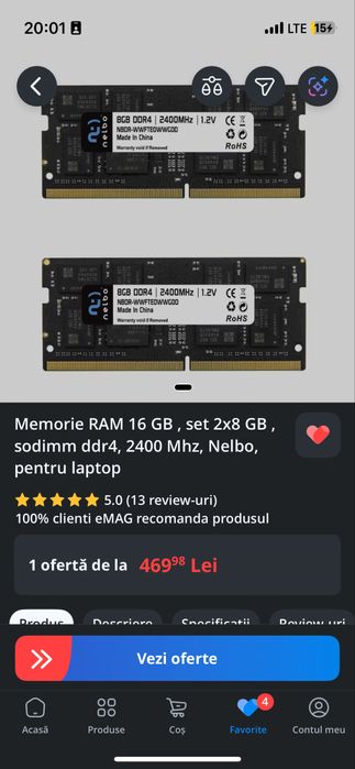 Memorie RAM 16 GB, set 2x8 GB, sodimm ddr4, 2400 Mhz, Nelbo
