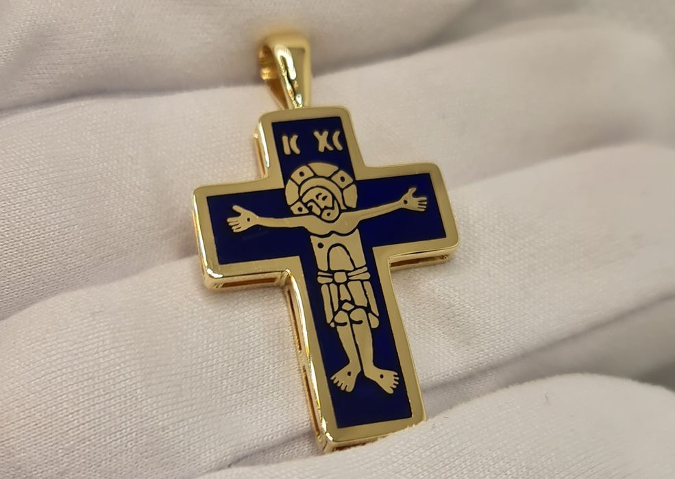 Cruce ortodoxă handmade aur galben 14k și email albastru