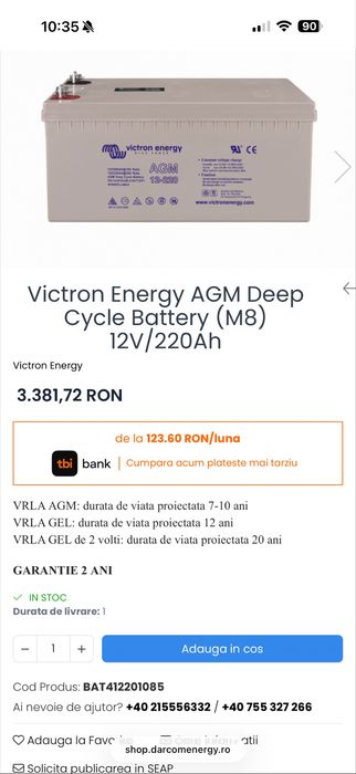 Vând baterie Victron Deep Cycle AGM, de 220 ah