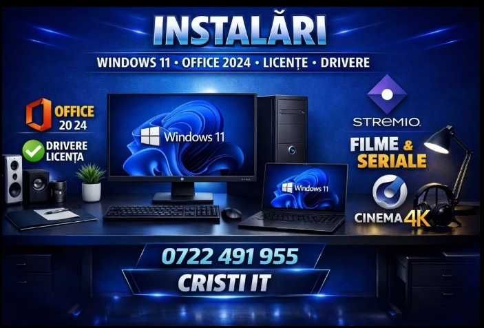 Instalare WINDOWS 11*10 Licente Drivere TV 4K Jocuri Imprimanta OFFICE 24 la domiciliul clientului