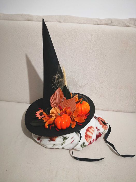 Pălărie portocalie de vrăjitoare  – decor Halloween handmade: