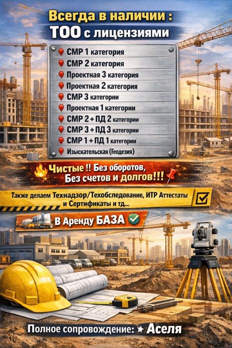 ПРОДАМ ТОО с лицензиями  Технадзор,СМР,ПД 1/2/3 на все категории и ИД