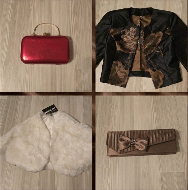 Lot Accesorii și Haine Ocazie – 9 Piese (Bolero-uri Blană, Clutch-uri, Topuri)
