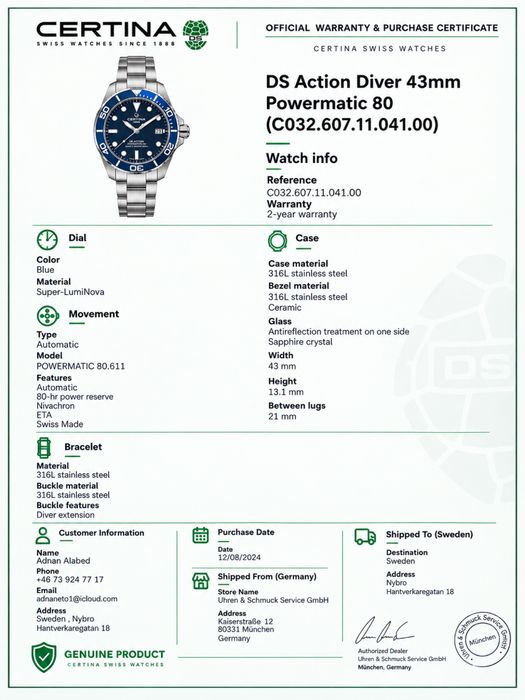 Certina DS Action Diver 43 mm – Powermatic 80 – 350 €