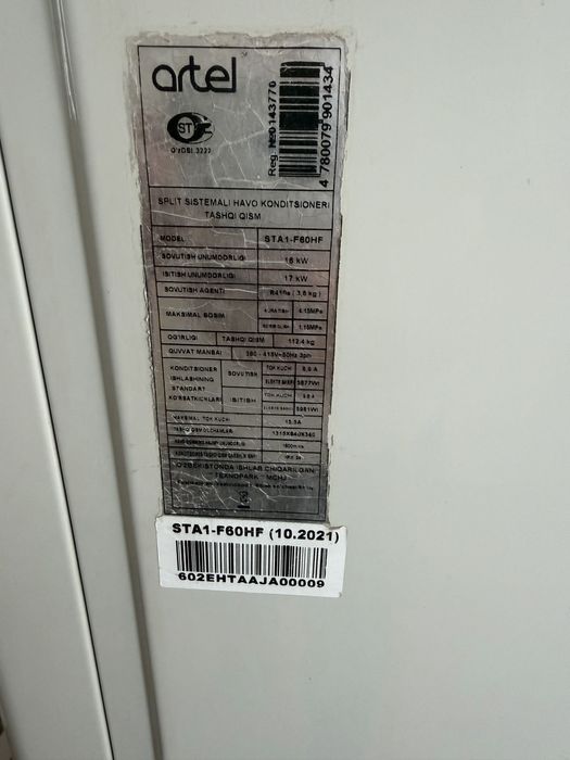 сотилади Кондиционер artel 60 registon