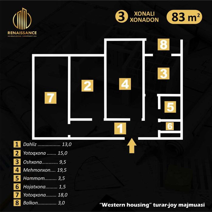 Western Ҳоусингда 3 хонали, 83 м2, 9-қават, Киет метроси KADASTR BOR`