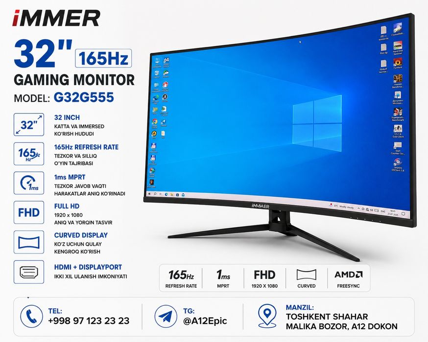 Immer 32" Curved Gaming Monitor 165hz