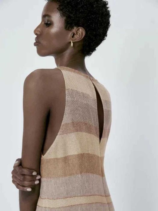 Massimo Dutti Rochie maxi lungă din incu dungi pastelate  nou  pastel maro bej natural
