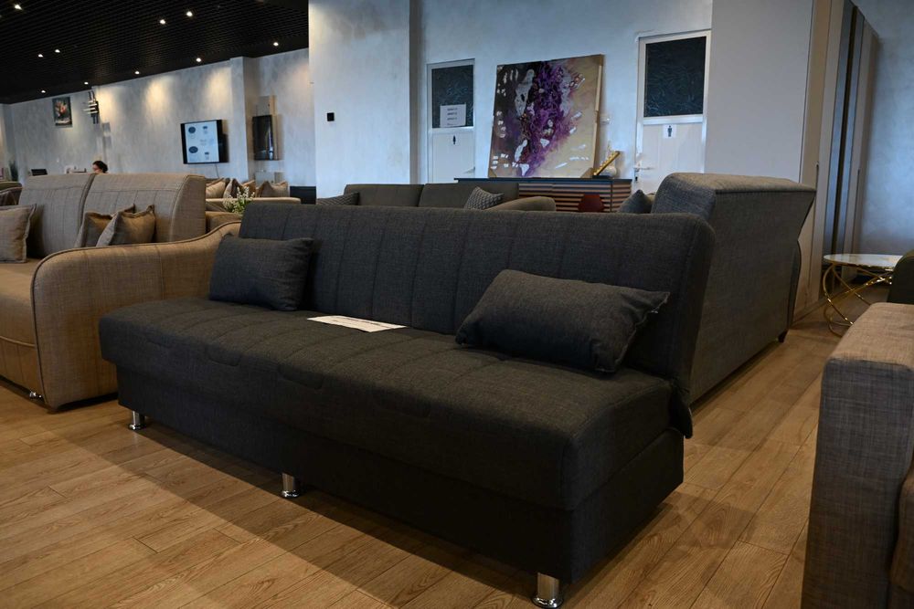 Canapea extensibilă Atena Gri, 190×88×82 cm, pat 102 × 190 cm, sistem click-clack, arcuri Bonell și spațiu de depozitare integrat. Mobila Mega
