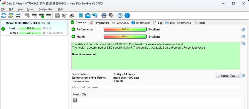 (NVMe 512GB SSD 512GB NVMe SSD 500GB M.2) PCIe 4.0 ca nou, Micron 2450 100% 13zile 1,7TB scris - raport