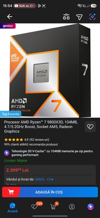Procesor AMD Ryzen™ 7 9800X3D, 104MB, 4.7/5.2GHz Boost, Socket AM5, Radeon Graphics