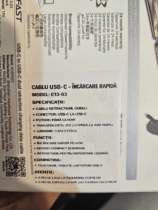 Cablu USB-C retractabil Fast charging