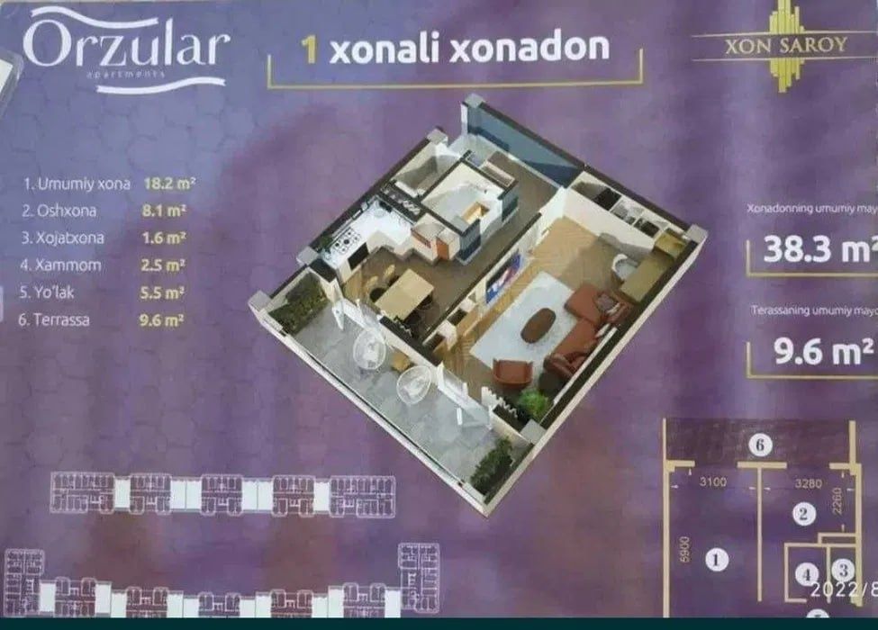Юнусабад 16 кв. | 1-комн | 38,3 м² + терраса 9,6 м² | Xon Saroy Orzula