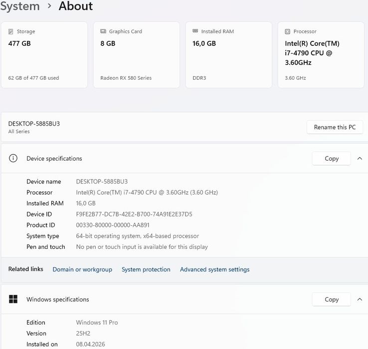 Unitate PC RGB I7 4790 3,6GHZ, 16GB 512GB, Radeon RX 580 8GB, Windows 11, Office 2024